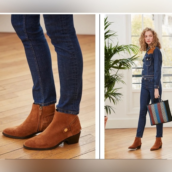 Claudie Pierlot Shoes - NNT Claudie Pierlot Brown Leather Suede Western Style Ankle Stacked Heel Boot 37